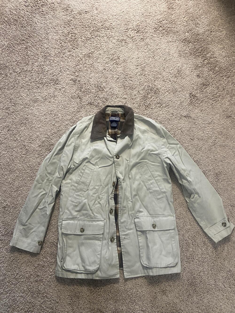 Vintage Lands End Coat Mens Medium Beige Canvas Rain Barn Field Plaid Lined